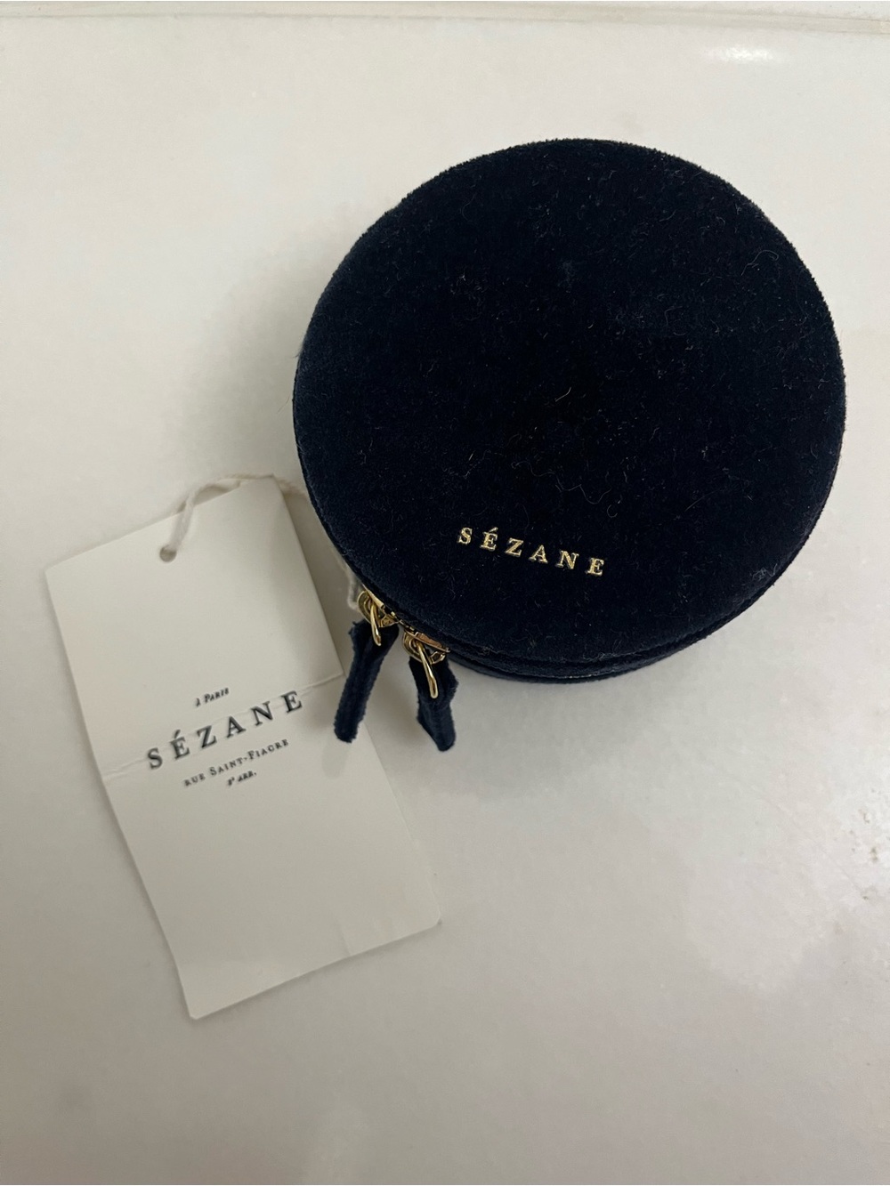 NWT SEZANE Small Round Velvet Jewelry Box - Navy Blue & Gold
